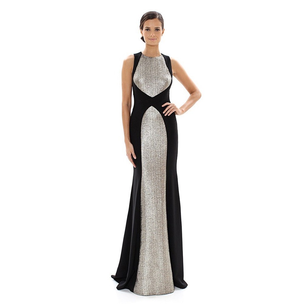 Carmen Marc Valvo Infusion Gown 8 Metallic Black Silver Open Back Evening Dress